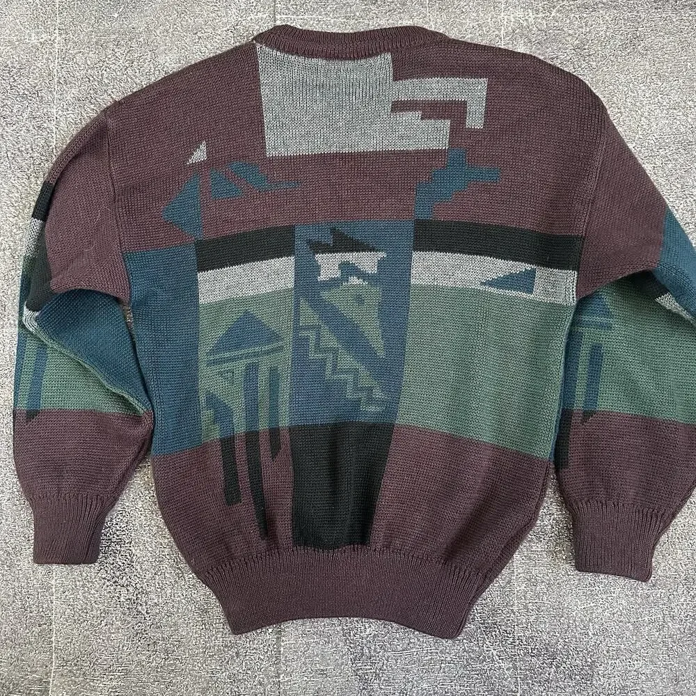 Men's Vintage 90's Kellerman Maroon Tribal Aztec Color Block Ski Sweater Sz S